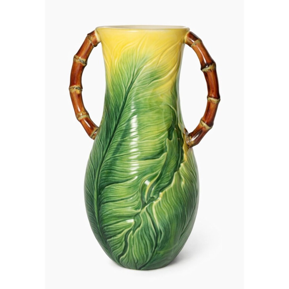 Takahashi Majolica‑Style Leaf & Bamboo Ceramic Vase 13" Tall Tropical Botanical